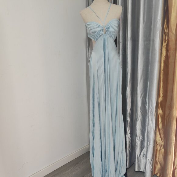 A.L.C. Moira Matte Women's Blue Polyester Fully Lined Halter Neck Pleated Cut-Ou - Picture 2 of 12